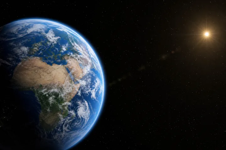 Illustrazione realistica della Terra illuminata dalla luce del Sole nello spazio.