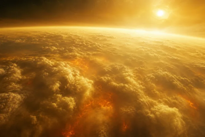 Illustrazione realistica delle nubi dense di Venere illuminate dal Sole.