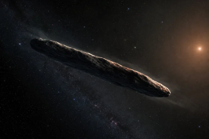 Rappresentazione artistica di un oggetto interstellare allungato nello spazio profondo