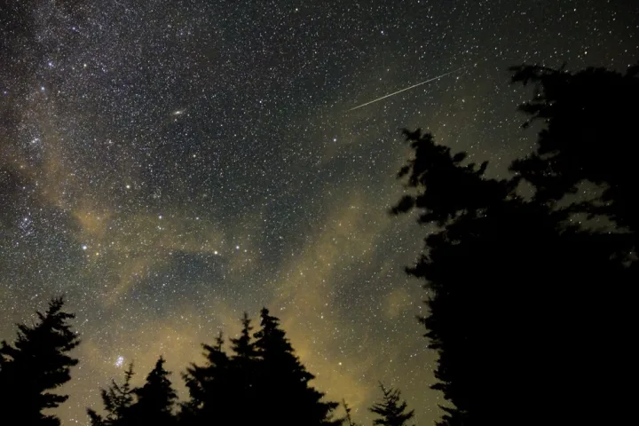 Scie luminose delle Perseidi che attraversano il cielo notturno stellato