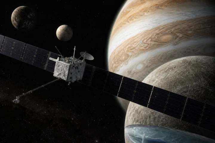 Rappresentazione artistica della sonda JUICE in orbita intorno alle lune ghiacciate di Giove, immagine scientifica ESA
