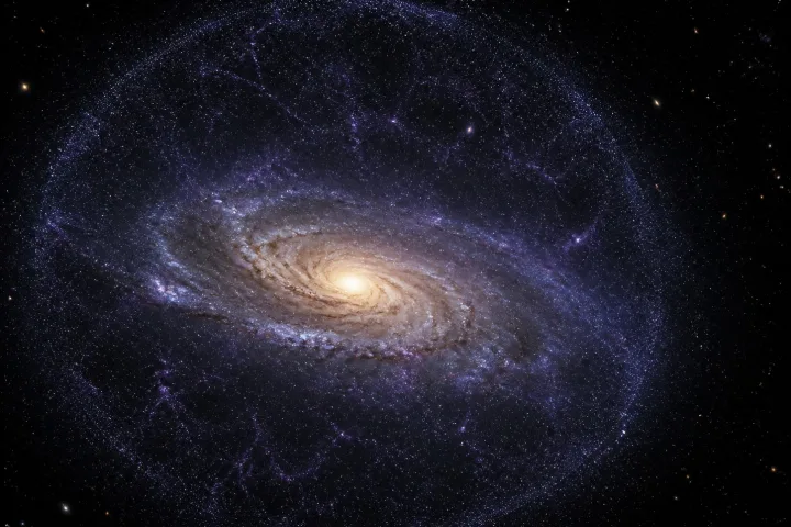 Rappresentazione scientifica dell'alone di materia oscura invisibile intorno a una galassia