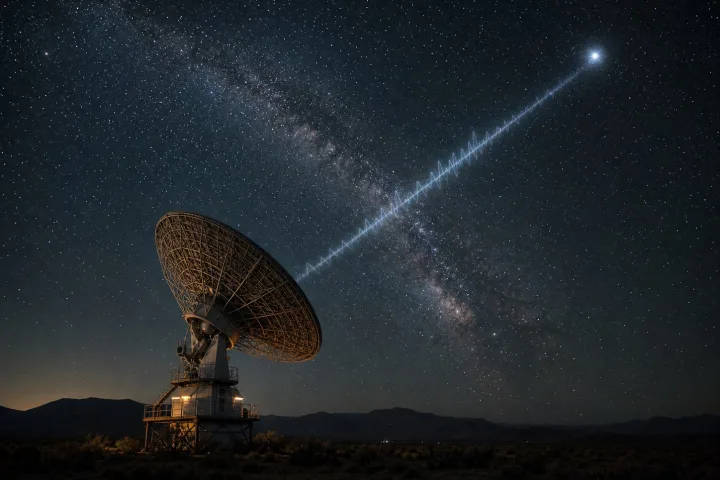 Radiotelescopio puntato verso il cielo stellato durante la ricerca di segnali, fotografico realistico