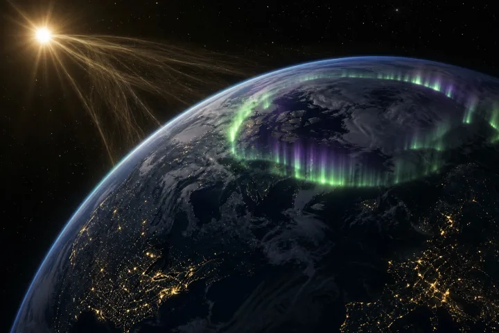 Aurora boreale colorata nel cielo notturno, effetto del vento solare sull'atmosfera terrestre, immagine reale