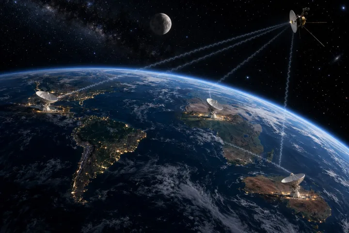 Una grande antenna parabolica del Deep Space Network puntata verso il cielo per comunicare con sonde spaziali lontane