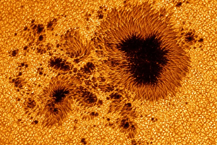 Il Sole fotografato nell'ultravioletto con molte macchie e regioni attive sulla superficie, durante il massimo del ciclo
