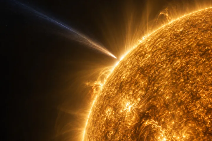 Una cometa con una lunga coda luminosa che passa molto vicino alla corona del Sole, vista da un coronografo spaziale